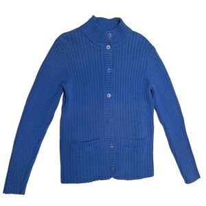 Jones New York Ribbed Blue Button Up Sweater Collar Turtleneck Cardigan Jumper